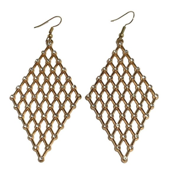 Gold Mesh Diamond-Shaped Dangle Earrings With Rhinestone Accents - Picture 1 of 4